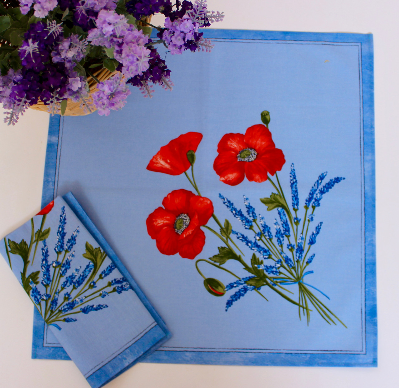 Poppy Light Blue French Serviette Napkin Made in France