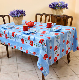 Poppy Light Blue French Tablecloth 155x300cm 10Seats Made in France