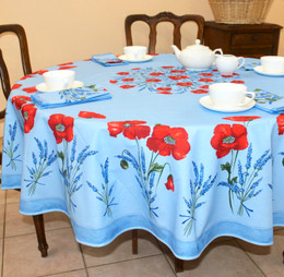 Poppy Light Blue XXL French Tablecloth Round 230cm Made in France