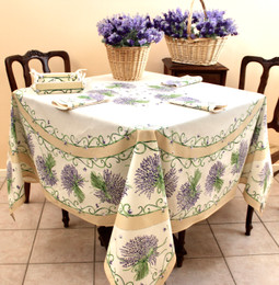 Lavender Ecru XXL Square French Tablecloth 180x180cm COATED Made in France