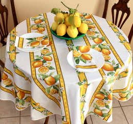 Lemon White French Tablecloth Round 150cm diameter Made in France