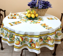 Lemon White  French Tablecloth Round 180cm COATED Made in France