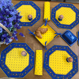 Ramatuelle Flowers Yellow/Blue Quilted Bordered Placemat Octogon Made in France