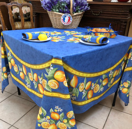 Lemon Blue  XXL Square French Tablecloth 180x180cm COATED Made in France