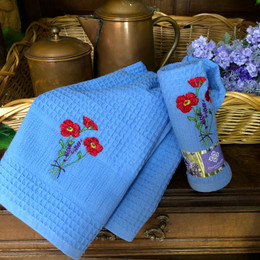 Provence Embroidered Waffle Tea Towel 1pc Poppy Light Blue