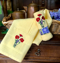 Provence Embroidered Waffle Tea Towel 1pc Poppy Yellow