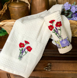 Provence Embroidered Waffle Tea Towel 1pc Poppy Ecru