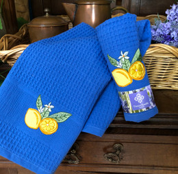 Provence Embroidered Waffle Tea Towel 1pc Lemon Blue