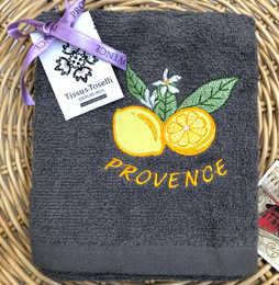 Guest Hand Towel Embroidered Charcol Lemon
