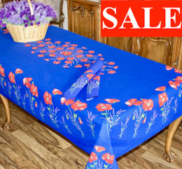 Poppy Blue French Tablecloth 155x250cm 8Seats Made in France