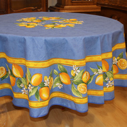 Lemon Blue French Tablecloth Round 180cm COATED Made in France