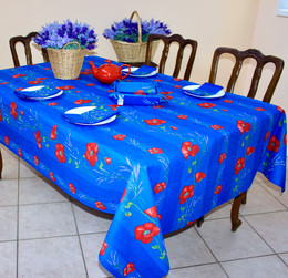 Poppy Blue French Tablecloth 155x300cm 10seats COATED Made in France