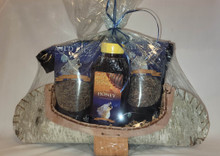 Large BirchBark Canoe basket 2 Lbs Wild Rice , 1 Jar of Honey 12oz and 1 jar of Maple Syrup 16oz.