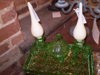 Czechoslovakian 1930's Art Deco green glass dressing table set plus 2 Danish Teardrop Candles