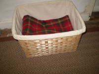 Vintage Linen Lined Wicker Blanket, Towels, magazines basket