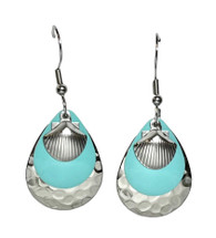 TEAL TONE SCALLOP SEA SHELL EARRINGS HAMMERED SILVER 