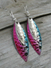 Multicolored, pink, teal, and black, earrings.