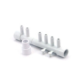 672-4690 Waterway Plastics | Manifold, PVC, Waterway, 1/2"S x 1/2"S x (6) 3/8"B Ports w/ 3 Plugs