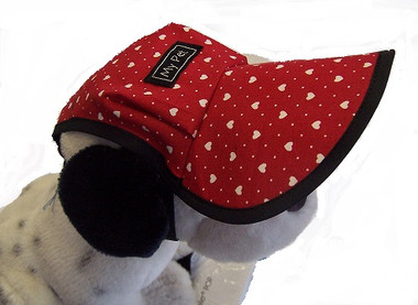 Cool cotton dog hats with red with white hearts and pinspots. 