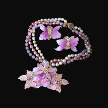Signed STANLEY HAGLER Pink Purple Ivory  Seed Pearl Rhinestone Orchid Necklace Parure				 							