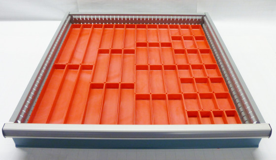 49 Piece Assortment of 1" Deep Red Plastic Bins in a 24" x 24" Tool Box Drawer
