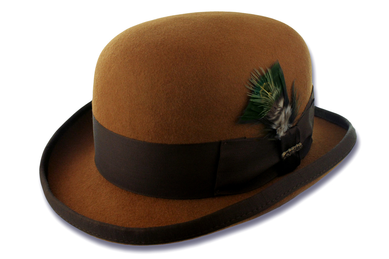 100% Wool Felt Bowler Hat, Mens Derby, Black, Charcoal Gray, Cognac