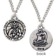 Featuring Saint Jude, who offers hope to the hopeless and despairing, this detailed medal includes the image of Saint Jude carrying the image of Jesus Christ and includes an inscription that reads: Saint Jude Thaddeus Pray for Us. Cast in 100% lead-free pewter. Comes on an adjustable 24 inch stainless steel curb chain with lobster claw clasp. 13/16"H x 13/16"W. Made in the U.S.A.