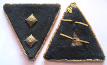 WW2 Prison Administration 'Strafvollzug' FEMALE NCO Collar Tabs for the rank of Strafvollzugsdienst Hilfsaufseherin, circa 1941-45. Shows light wear and age. Cellophan twisted piping on black wool with buckram and glass pips. Pair.