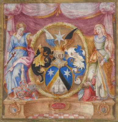 M3326 Representation of Faith & Hope, Coat-of-Arms of Corbinian Prielmayer

Cutting from a Manuscript on Vellum, with a large Heraldic Miniature

Germany, Bavaria, 1694

Provenance: From a manuscript made for Corbinian Prielmayer (1643-1707).