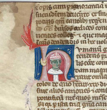 M6465 Bishop in an historiated initial, a cutting from Guido de Baysio, Rosarium Decretorum, decorated manuscript on vellum, Italy, Bologna, c. 1320, 

Size: 11 x 4 1/2 inches