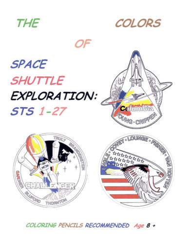 Five select coloring pages of the first 27 space shuttle mission insignia featuring an upper right corner color guide insignia.