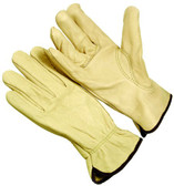 B-Grade grain cowhide leather driver glove. Keystone thumb. Shirred elastic wrist. Cotton hem color coded. (SG-4634)