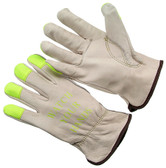 Grain driver, green Hi-Vis fingertips with logo, unlined cowhide driver. (SG-4364GHV)