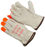 Select grain cowhide leather driver glove. Hi-Vis orange at the fingertips and a Hi-Vis "WATCH YOUR HANDS". Keystone thumb. Shirred elastic wrist. Cotton hem color coded for easy size identification. (SG-4364HVOF)