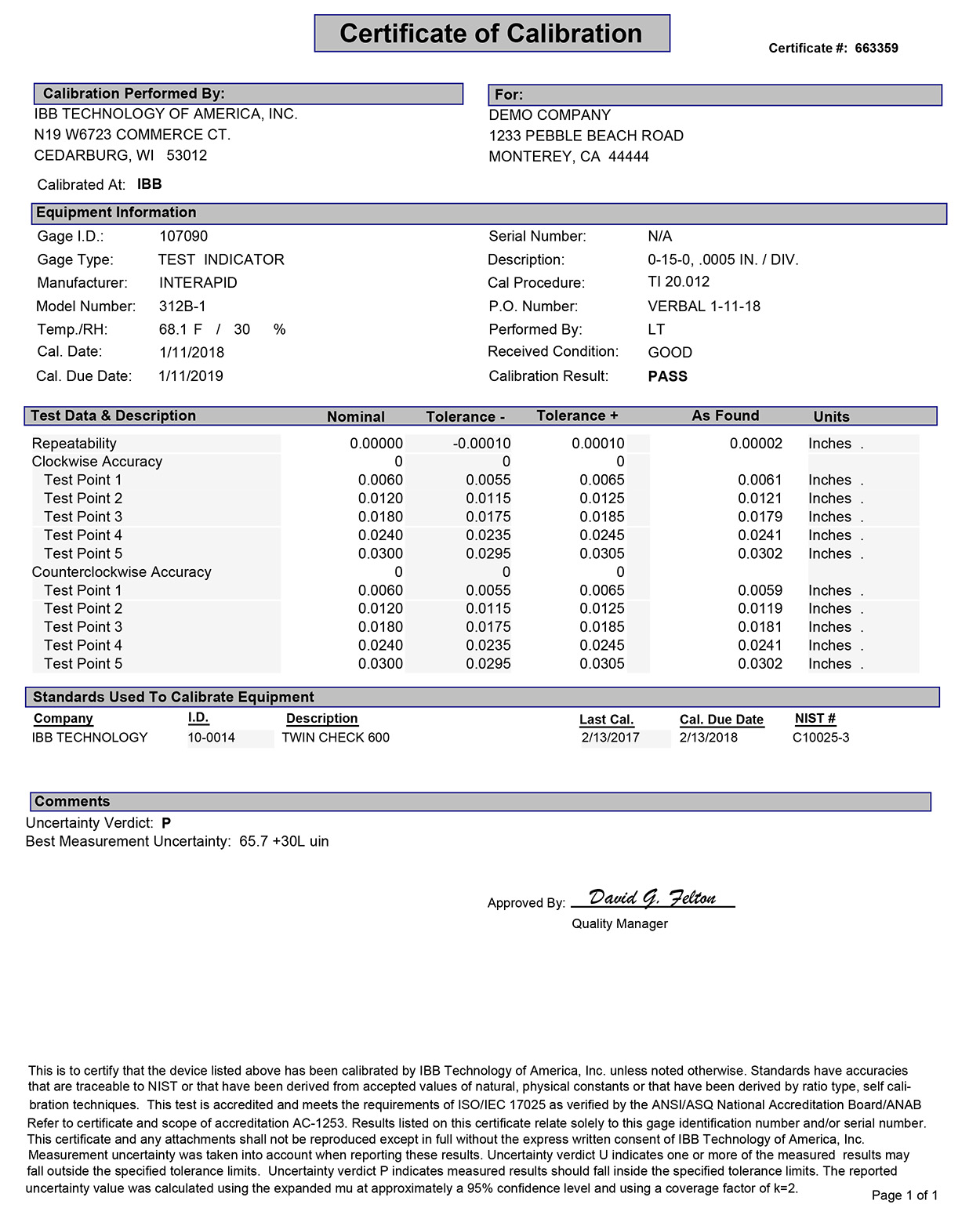 NIST Traceable Certification for Gage - CERT - Penn Tool Co., Inc