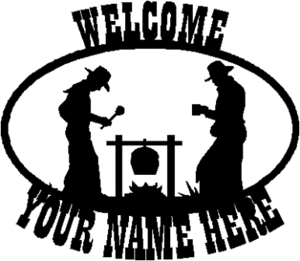 Two Cowboy Campfire Scene personalized welcome sign. CNC Plasma Cut from heavy gauge steel.