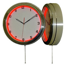 15.5" Single Neon red wall clock.  We can customize the face to suit your needs. Have a picture of a classic car, favorite pet, person, or scene, we can insert that as the clock face. Makes a great personal gift.