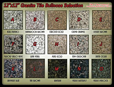 Choose your granite selection at the drop down box on 
the right side of this page.  If you need to select more 
then one color, then you may have to add them to the 
cart one at a time (example: you may not be able to 
select and add two types of granite at a time, you may 
have to add them to your cart one at a time).  If you 
have any questions with your selection process, please 
call us at (719) 632-1264