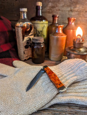 TITUSVILLE CUTLERY - The Lexingtonian -NICE Coffin Jack Pattern- Orange  Arctic Curly Birch Wood Handles 1095 Carbon  Steel Blades -NEW !!