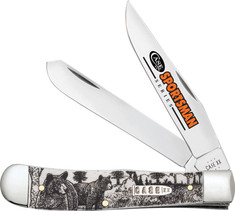 Case Cutlery  - Trapper - Sportsman Series- Smooth White Bone Handles -with/Bear Embellished Handle Artwork - New