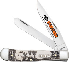 Case Cutlery  - Trapper - Sportsman Series- Smooth White Bone Handles -with/Elk Embellished Handle Artwork - New