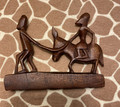 Hand Carved Wood African Man with a Cane Leading a Woman on a Mule 