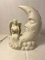 White Porcelain Winged Angel with Man In The Moon Night Light Nursery Table Lamp