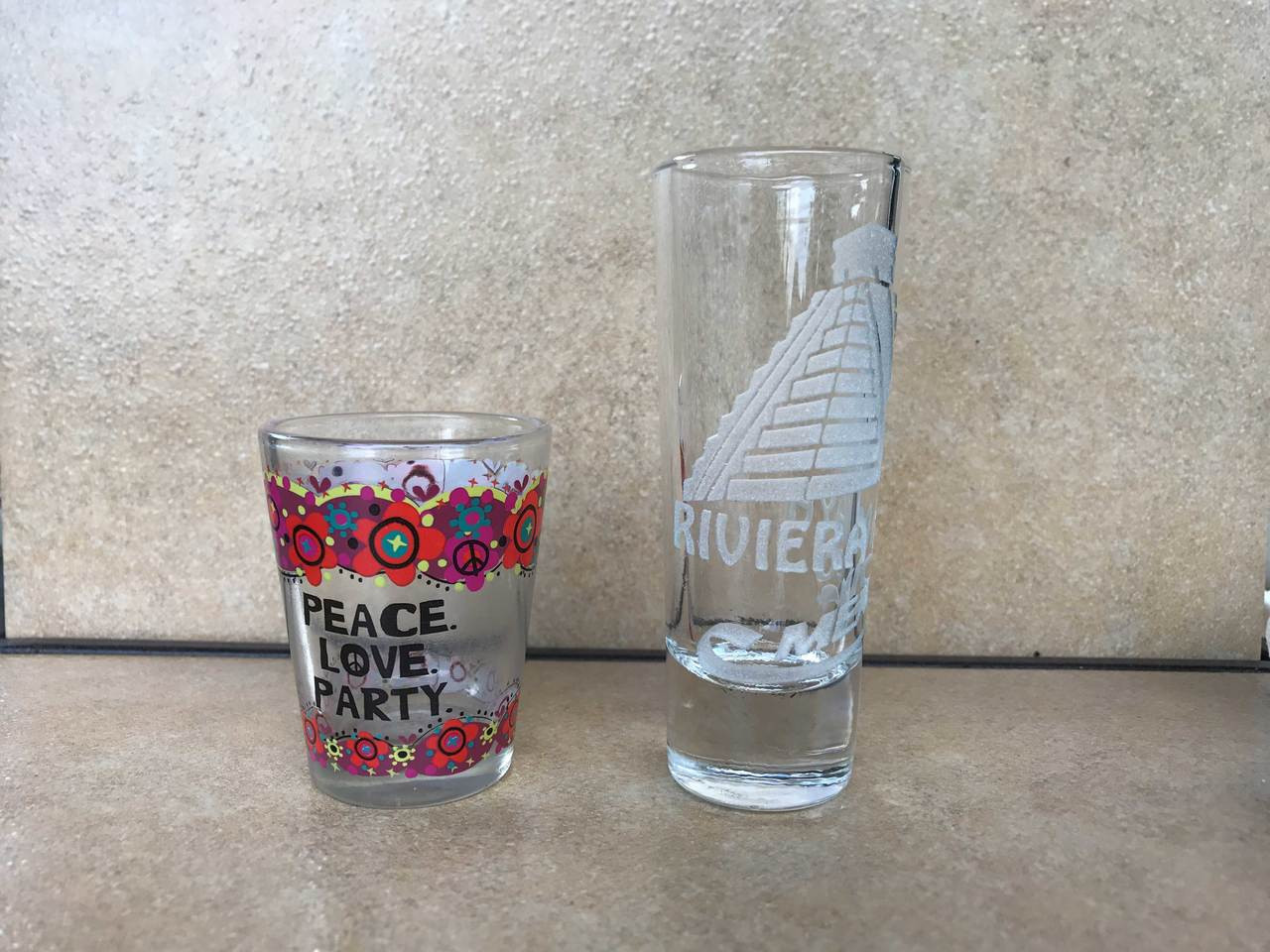 Set of Two Shot Glasses Tall Riviera Maya Mexico and Short Peace Love