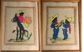 Vintage Original Bueno Mexico Colorful Paintings on Burlap Folk Art Under Glass 
