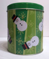 NIP Tin Box Company Christmas Round Tin with Snowmen on GREEN Snowflake Backgrou
