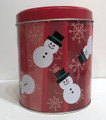 NIP Tin Box Company Christmas Round Tin with Snowmen on RED Snowflake Background