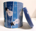 NIP Tin Box Company Christmas Round Tin with Snowmen on BLUE Snowflake Backgroun