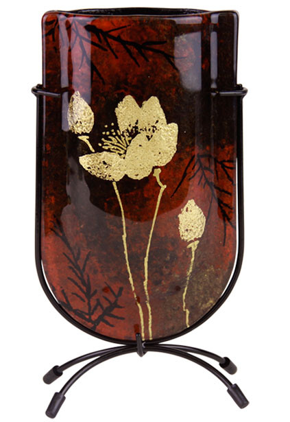 Glass Bud Vase featuring a gold flower over red and black colors