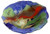 A beautifully contemporary art glass bowl featuring Blue, green, metallic gold and red coloring, scalloped edges